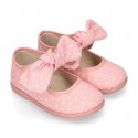 STARS print design canvas Little Mary Janes with hook and loop strap closure and bow.