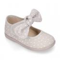 STARS print design canvas Little Mary Janes with hook and loop strap closure and bow.