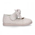 STARS print design canvas Little Mary Janes with hook and loop strap closure and bow.