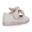 STARS print design canvas Little Mary Janes with hook and loop strap closure and bow.