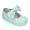 STARS print design canvas Little Mary Janes with hook and loop strap closure and bow.