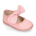 STARS print design canvas Little Mary Janes with hook and loop strap closure and bow.