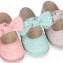 STARS print design canvas Little Mary Janes with hook and loop strap closure and bow.