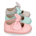 STARS print design canvas Little Mary Janes with hook and loop strap closure and bow.