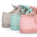 STARS print design canvas Little Mary Janes with hook and loop strap closure and bow.