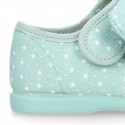 STARS print design canvas Little Mary Janes with hook and loop strap closure and bow.