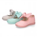 STARS print design canvas Little Mary Janes with hook and loop strap closure and bow.