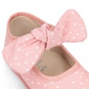 STARS print design canvas Little Mary Janes with hook and loop strap closure and bow.