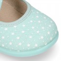 STARS print design canvas Little Mary Janes with hook and loop strap closure and bow.