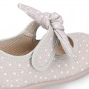 STARS print design canvas Little Mary Janes with hook and loop strap closure and bow.