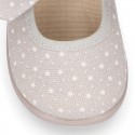 STARS print design canvas Little Mary Janes with hook and loop strap closure and bow.