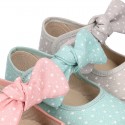 STARS print design canvas Little Mary Janes with hook and loop strap closure and bow.