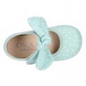 STARS print design canvas Little Mary Janes with hook and loop strap closure and bow.