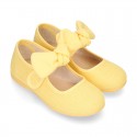 LINEN cotton canvas little Mary Jane shoes with hook and loop strap closure with bow in trendy colors.