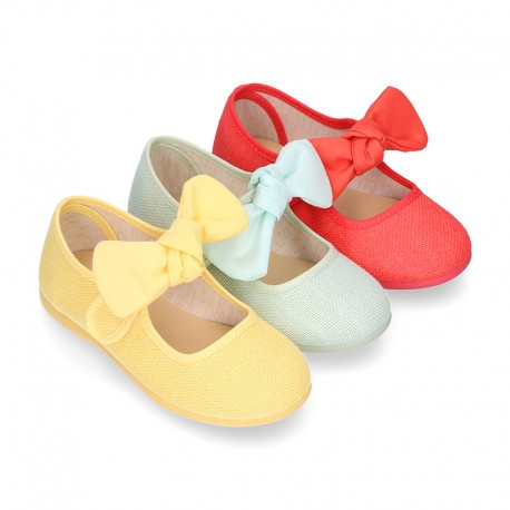 LINEN cotton canvas little Mary Jane shoes with hook and loop strap closure with bow in trendy colors.