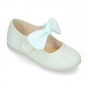 LINEN cotton canvas little Mary Jane shoes with hook and loop strap closure with bow in trendy colors.