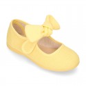 LINEN cotton canvas little Mary Jane shoes with hook and loop strap closure with bow in trendy colors.