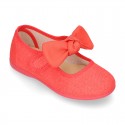LINEN cotton canvas little Mary Jane shoes with hook and loop strap closure with bow in trendy colors.