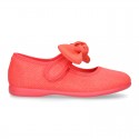 LINEN cotton canvas little Mary Jane shoes with hook and loop strap closure with bow in trendy colors.