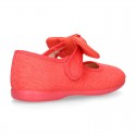 LINEN cotton canvas little Mary Jane shoes with hook and loop strap closure with bow in trendy colors.