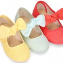 LINEN cotton canvas little Mary Jane shoes with hook and loop strap closure with bow in trendy colors.