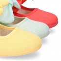 LINEN cotton canvas little Mary Jane shoes with hook and loop strap closure with bow in trendy colors.