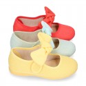 LINEN cotton canvas little Mary Jane shoes with hook and loop strap closure with bow in trendy colors.