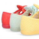 LINEN cotton canvas little Mary Jane shoes with hook and loop strap closure with bow in trendy colors.