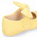 LINEN cotton canvas little Mary Jane shoes with hook and loop strap closure with bow in trendy colors.