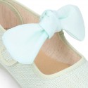 LINEN cotton canvas little Mary Jane shoes with hook and loop strap closure with bow in trendy colors.