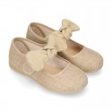 LINEN cotton canvas little Mary Jane shoes with hook and loop strap closure with bow in pastel colors.