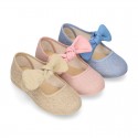 LINEN cotton canvas little Mary Jane shoes with hook and loop strap closure with bow in pastel colors.