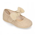 LINEN cotton canvas little Mary Jane shoes with hook and loop strap closure with bow in pastel colors.