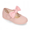 LINEN cotton canvas little Mary Jane shoes with hook and loop strap closure with bow in pastel colors.