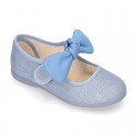 LINEN cotton canvas little Mary Jane shoes with hook and loop strap closure with bow in pastel colors.