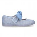 LINEN cotton canvas little Mary Jane shoes with hook and loop strap closure with bow in pastel colors.