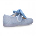 LINEN cotton canvas little Mary Jane shoes with hook and loop strap closure with bow in pastel colors.