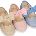 LINEN cotton canvas little Mary Jane shoes with hook and loop strap closure with bow in pastel colors.