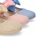 LINEN cotton canvas little Mary Jane shoes with hook and loop strap closure with bow in pastel colors.