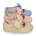 LINEN cotton canvas little Mary Jane shoes with hook and loop strap closure with bow in pastel colors.