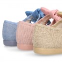 LINEN cotton canvas little Mary Jane shoes with hook and loop strap closure with bow in pastel colors.