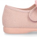 LINEN cotton canvas little Mary Jane shoes with hook and loop strap closure with bow in pastel colors.