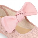 LINEN cotton canvas little Mary Jane shoes with hook and loop strap closure with bow in pastel colors.