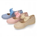 LINEN cotton canvas little Mary Jane shoes with hook and loop strap closure with bow in pastel colors.