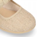 LINEN cotton canvas little Mary Jane shoes with hook and loop strap closure with bow in pastel colors.