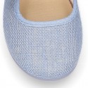 LINEN cotton canvas little Mary Jane shoes with hook and loop strap closure with bow in pastel colors.