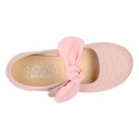 LINEN cotton canvas little Mary Jane shoes with hook and loop strap closure with bow in pastel colors.