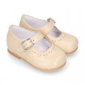 Classic Nappa leather little Mary Janes with chopped flower design.