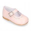 Classic Nappa leather little Mary Janes with chopped flower design.