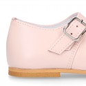 Classic Nappa leather little Mary Janes with chopped flower design.